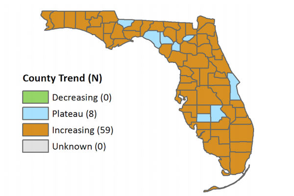 County Influenza Activity Trend in Florida for Week 3 Reported by 9:30 a.m. Jan. 24, 2018.