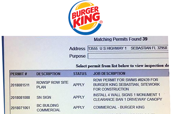 Burger King applies for construction permits in Roseland, Florida.