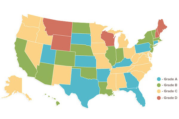 Points were assigned to states based on the types of laws. Letter grades were determined based on the total points, with higher points earning higher grades.