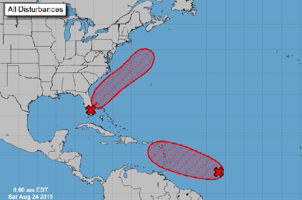 Two tropical disturbances in the Atlantic.