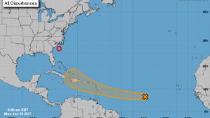 Two tropical disturbances in the Atlantic.