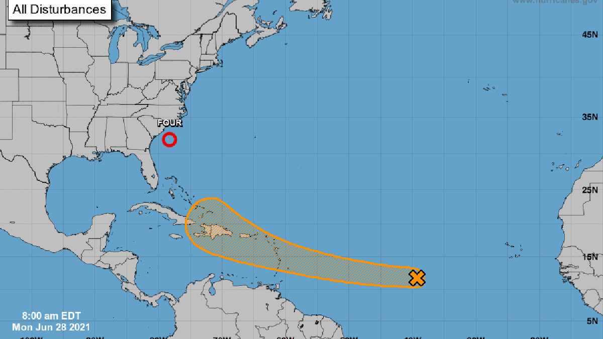 Two tropical disturbances in the Atlantic.