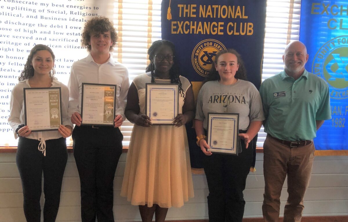 Pictured: L-R: Ayla Guven, Justin Land, Joniah Holson, Torilynn Roux, and Adam Preuss, Sebastian Exchange Club Student Coordinator