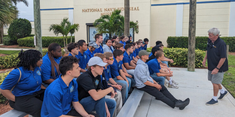 Mr. Andy Brady speaks to SRHS NJROTC Cadets about the history of the Navy SEALs