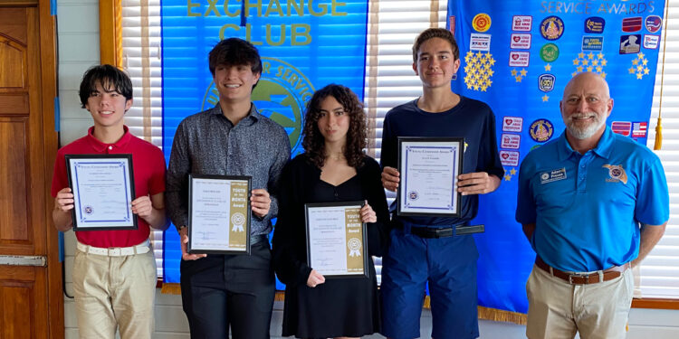 Pictured left to right: Gabriel Escamilla, Jake Rincon, Stefani Sanchez, Wyatt Walker, and Sebastian Exchange Club Student Coordinator Adam Preuss