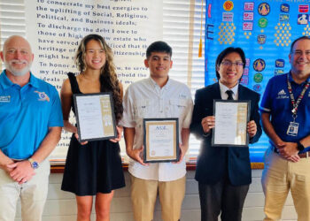 Pictured: Student Coordinator Adam Preuss with Mia Harrel, Sebastian Ramos, Ace McLain and Jaime Sturgeon, SRHS IB Counselor